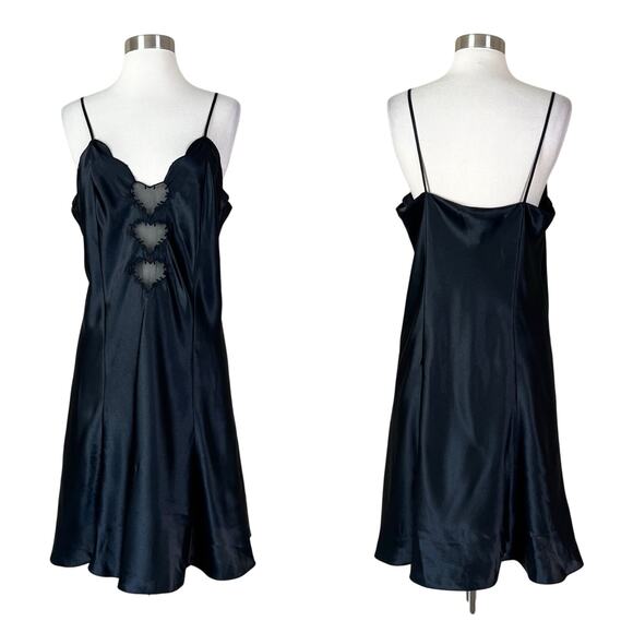 Vintage | 90s Heart Cut Out Black Satin Erika Taylor Lingerie Dress Night Gown L - Picture 1 of 7